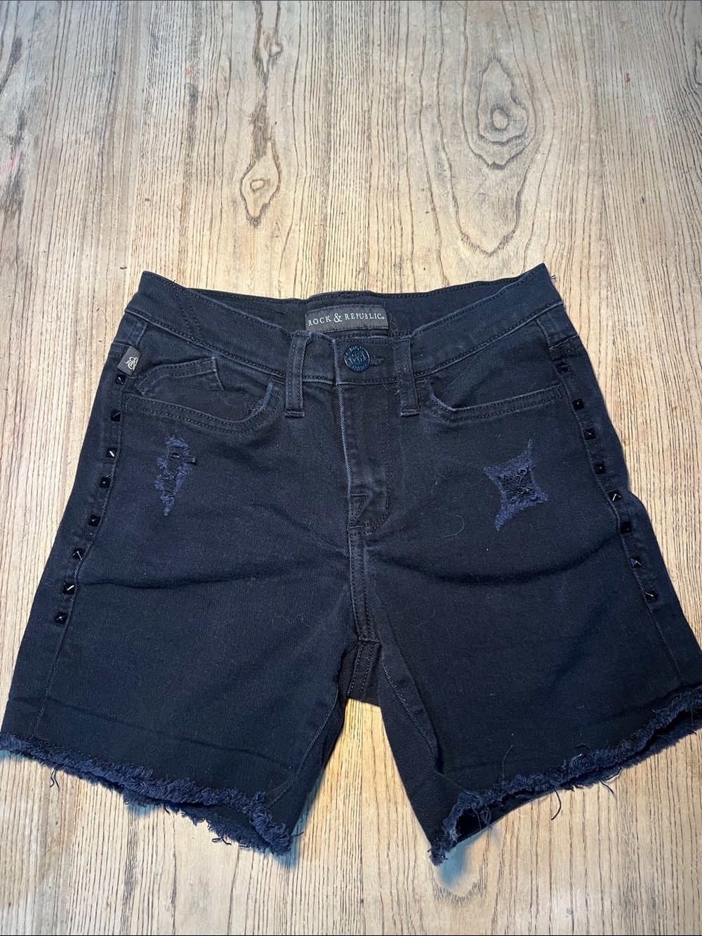 Rock & Republic Black Distressed Frayed Hem Jean Shorts
